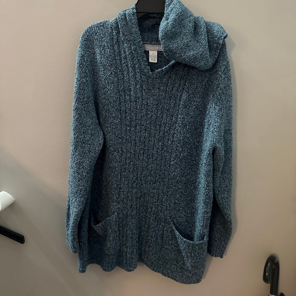 Modern Soul Boucle Hooded Sweater Rib Detail 1X Womens Light Blue